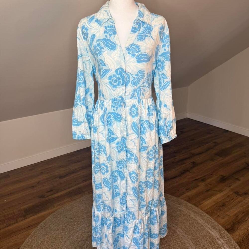 Rachel Zoe Blue & White Linen Blend‎ Floral Shirt Dress Coastal Boho Midi